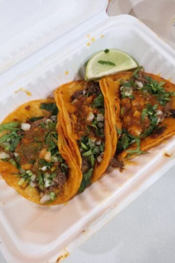 Three crispy Birria-Landia tacos topped with fresh chopped onions, cilantro, and red salsa, served with a lime wedge in a takeout container.