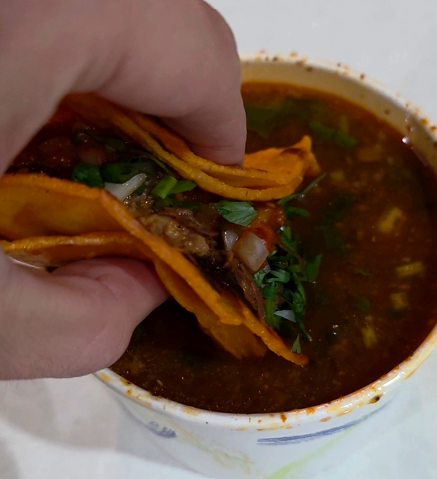 Dipping a crispy corn tortilla birria taco into a cup of rich, warm consommé broth at Birria-Landia in Queens.