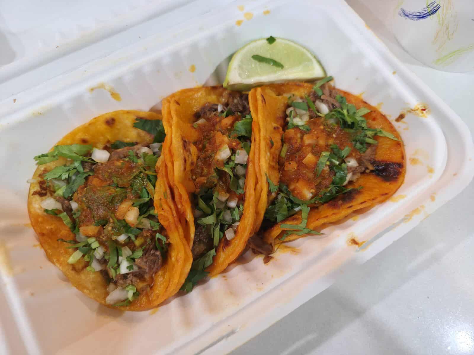 Three crispy Birria-Landia tacos topped with fresh chopped onions, cilantro, and red salsa, served with a lime wedge in a takeout container.