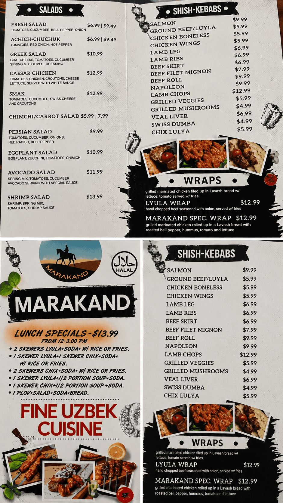 The printed physical menu for Marakand Fine Uzbek Cuisine detailing prices for salads, shish-kebabs, wraps, and lunch specials.