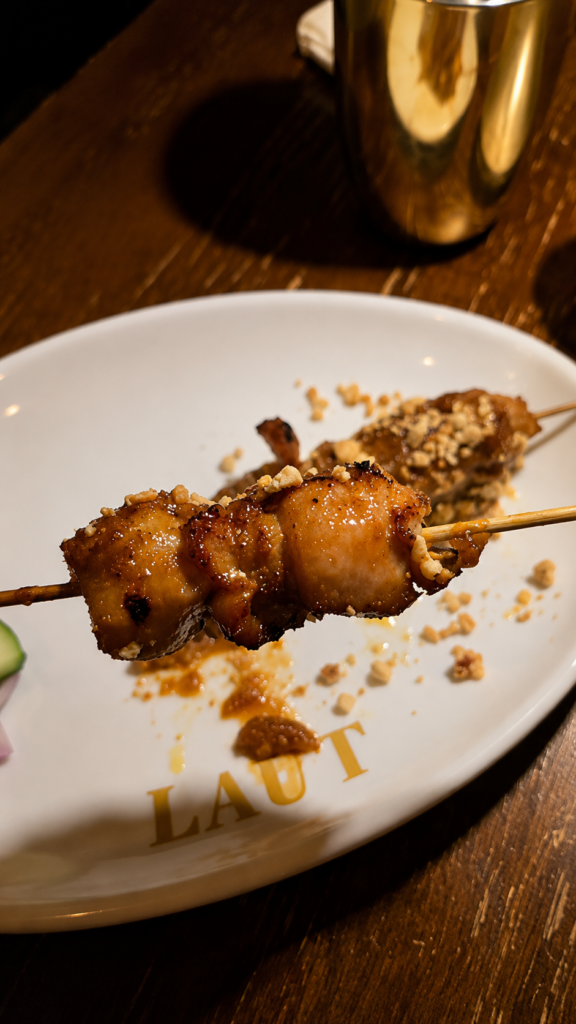 Close up view of a single smoky grilled chicken satay skewer showing the charred texture