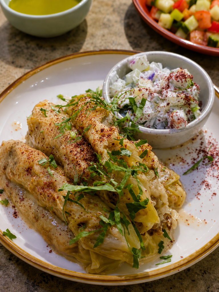 A plate of traditional Palestinian Malfouf (stuffed cabbage rolls) topped with fresh parsley, served with a side of creamy cucumber yogurt salad.