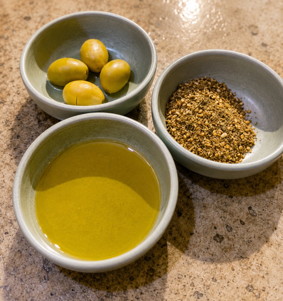 Three small gray ceramic bowls on a countertop containing fresh green olives, olive oil, and dry za’atar spice.