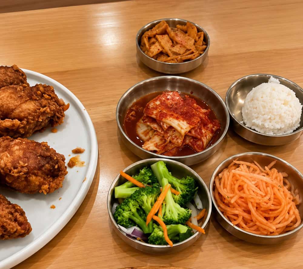 An arrangement of traditional complimentary Korean side dishes, including kimchi, seasoned broccoli, fish cakes, and cheese
