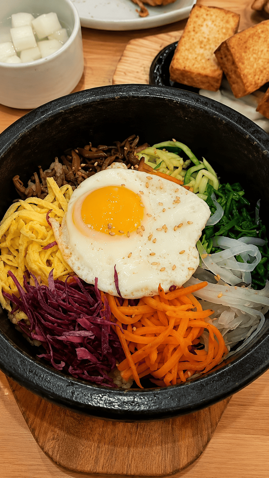 A sizzling hot stone bowl filled with Korean tofu bibimbap, showing white rice topped with neatly arranged colorful vegetables, golden tofu cubes, and a fried egg.