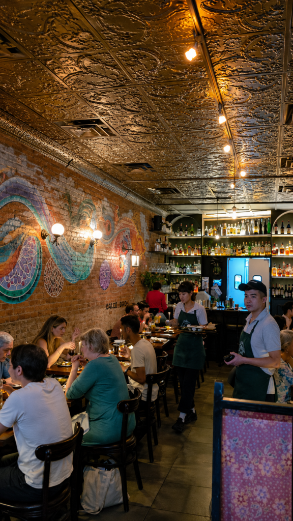 Packed dining room interior of Laut near Union Square featuring warm lighting and an ornate textured ceiling