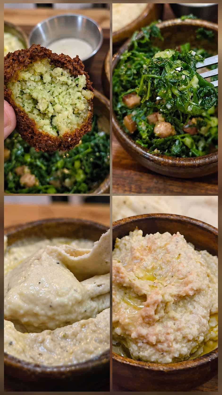 Four frame collage showing falafel interior fresh tabouli scoop of hummus and pita dipped in baba ganoush