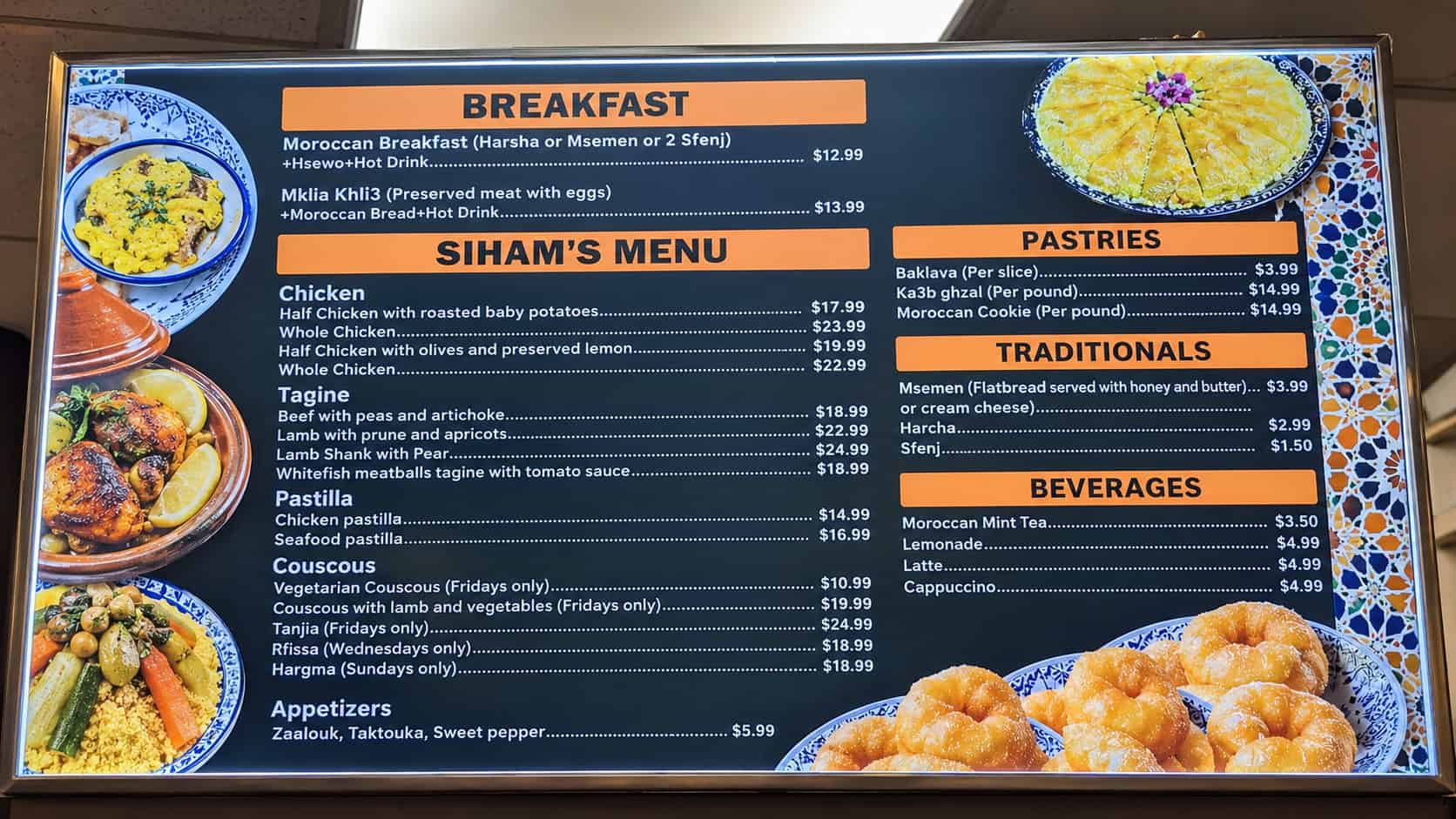 Menu at Moroccan Bites by Siham with Moroccan tagine, pastilla and couscous dishes