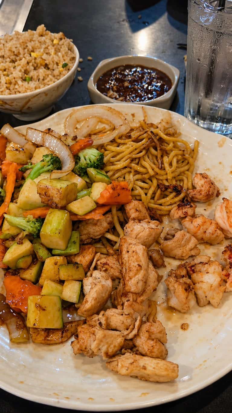 Large platter of hibachi grilled chicken shrimp stir fried lo mein noodles and sautéed vegetables