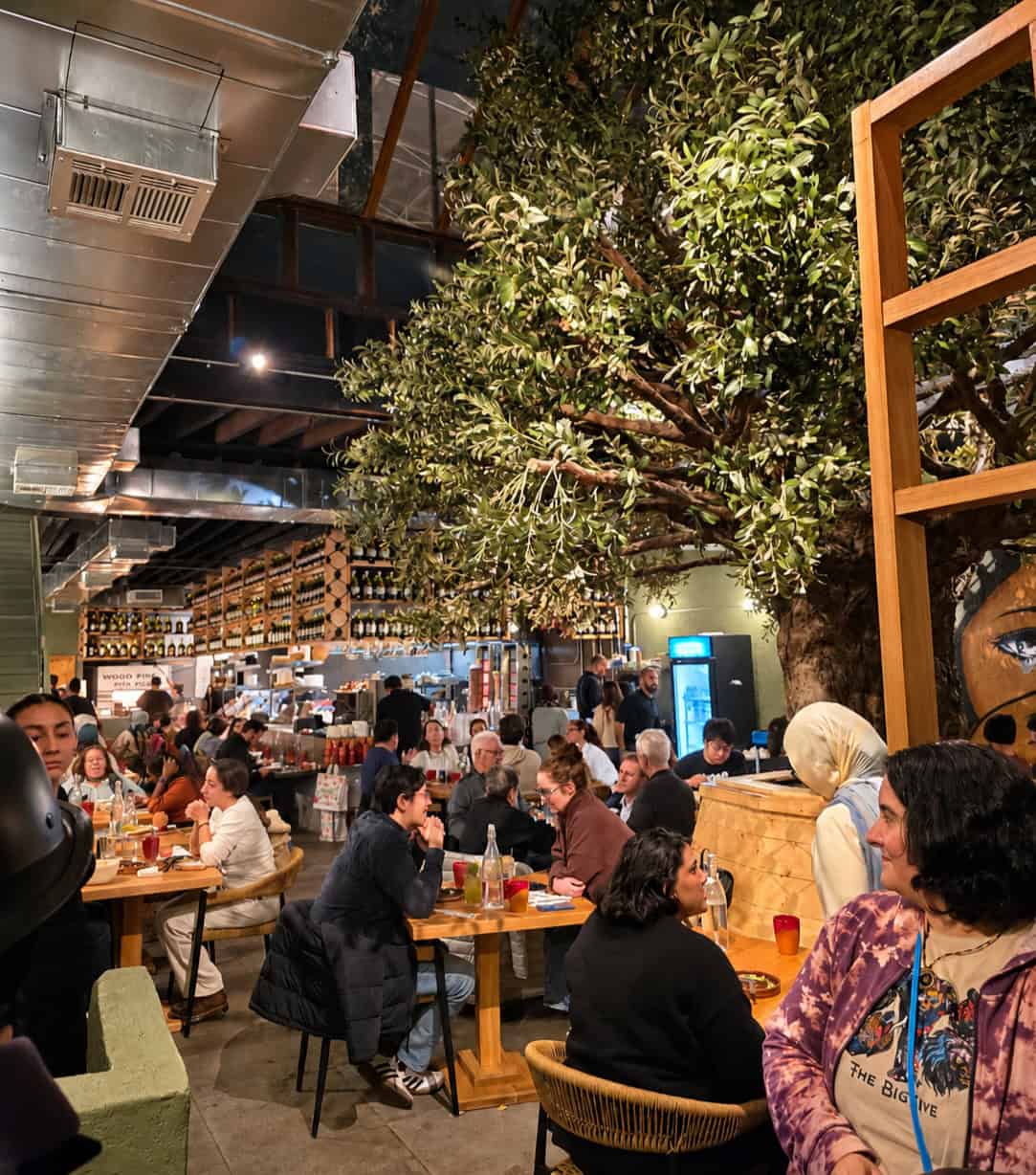 Crowded dining room inside Ayat Astoria featuring a large centerpiece olive tree and wooden seating
