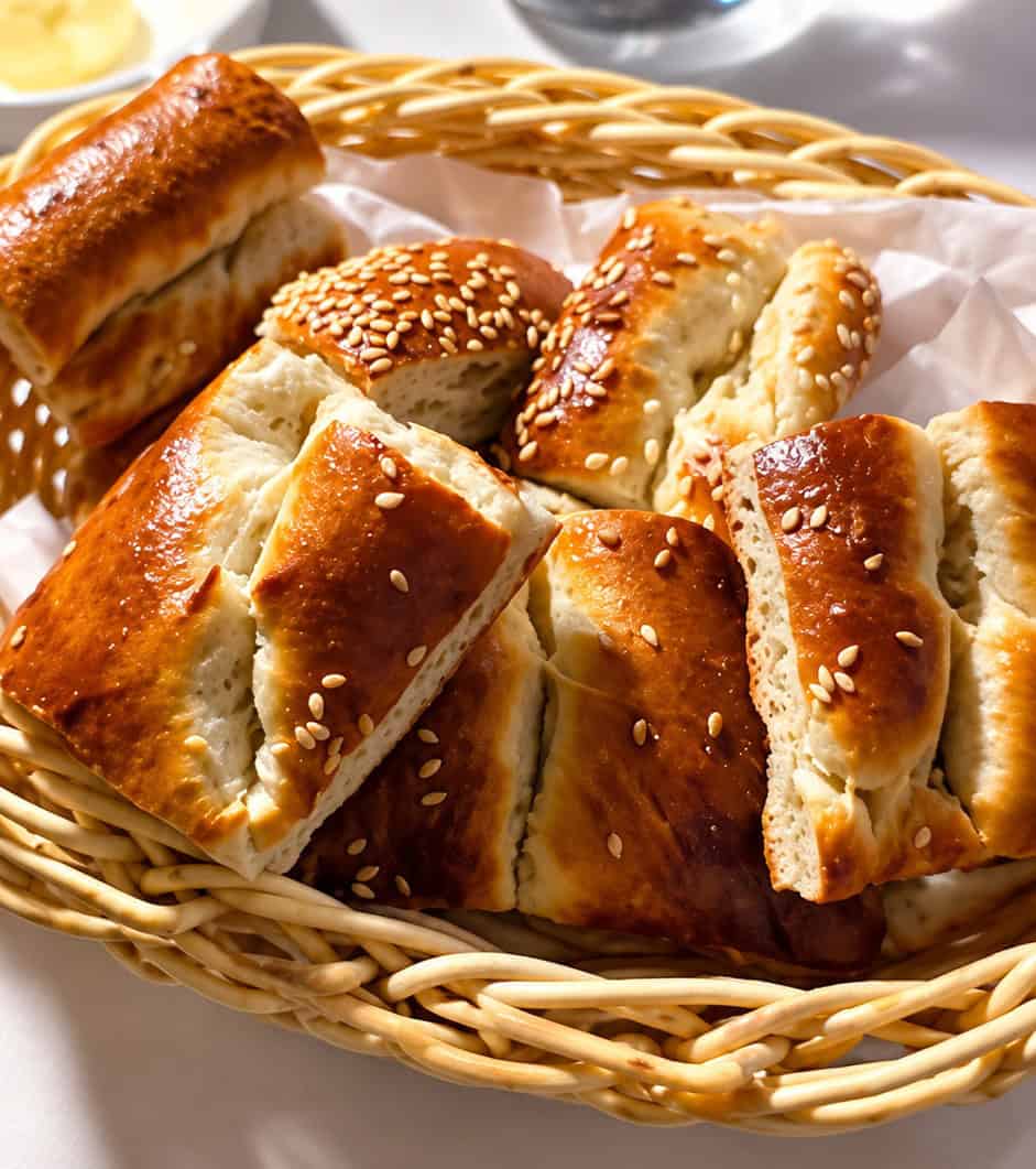 Woven basket filled with golden-brown Turkish bread topped with sesame seeds