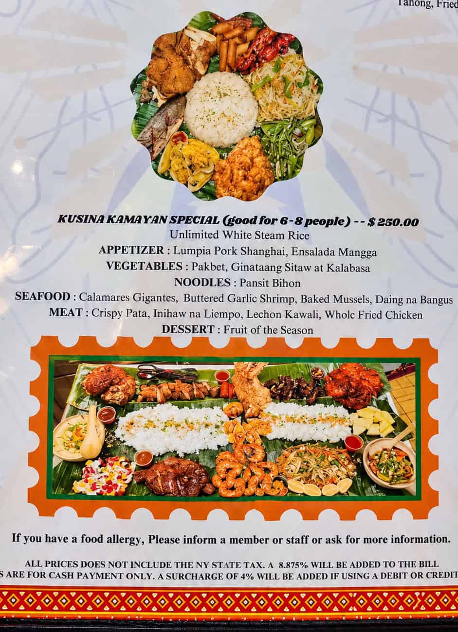Printed menu page displaying Kusina Kamayan Special package for six to eight people priced at 250 dollars