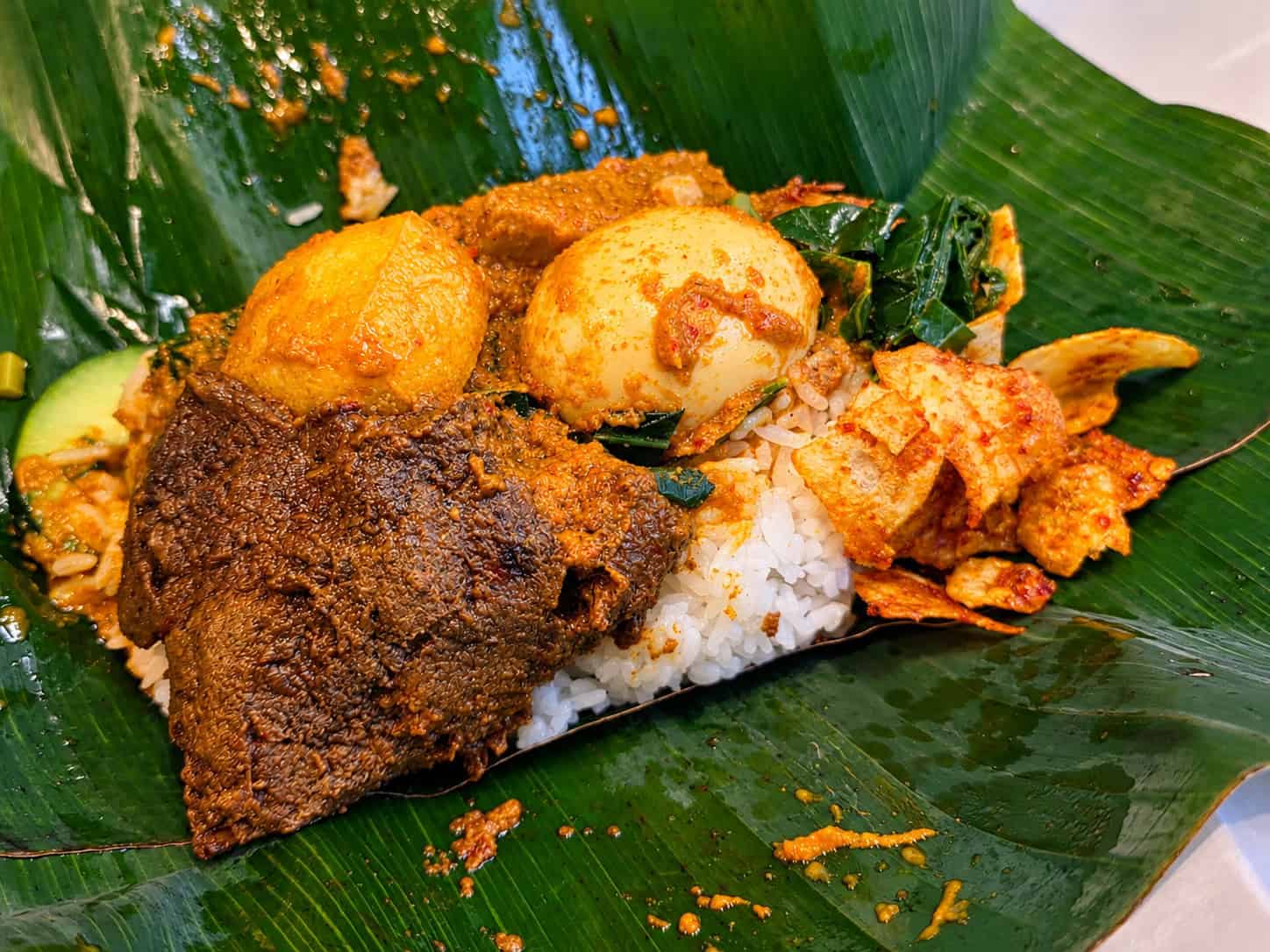 Nasi Padang Bungkus with beef rendang, egg, tofu and vegetables at Sumatera Restaurant