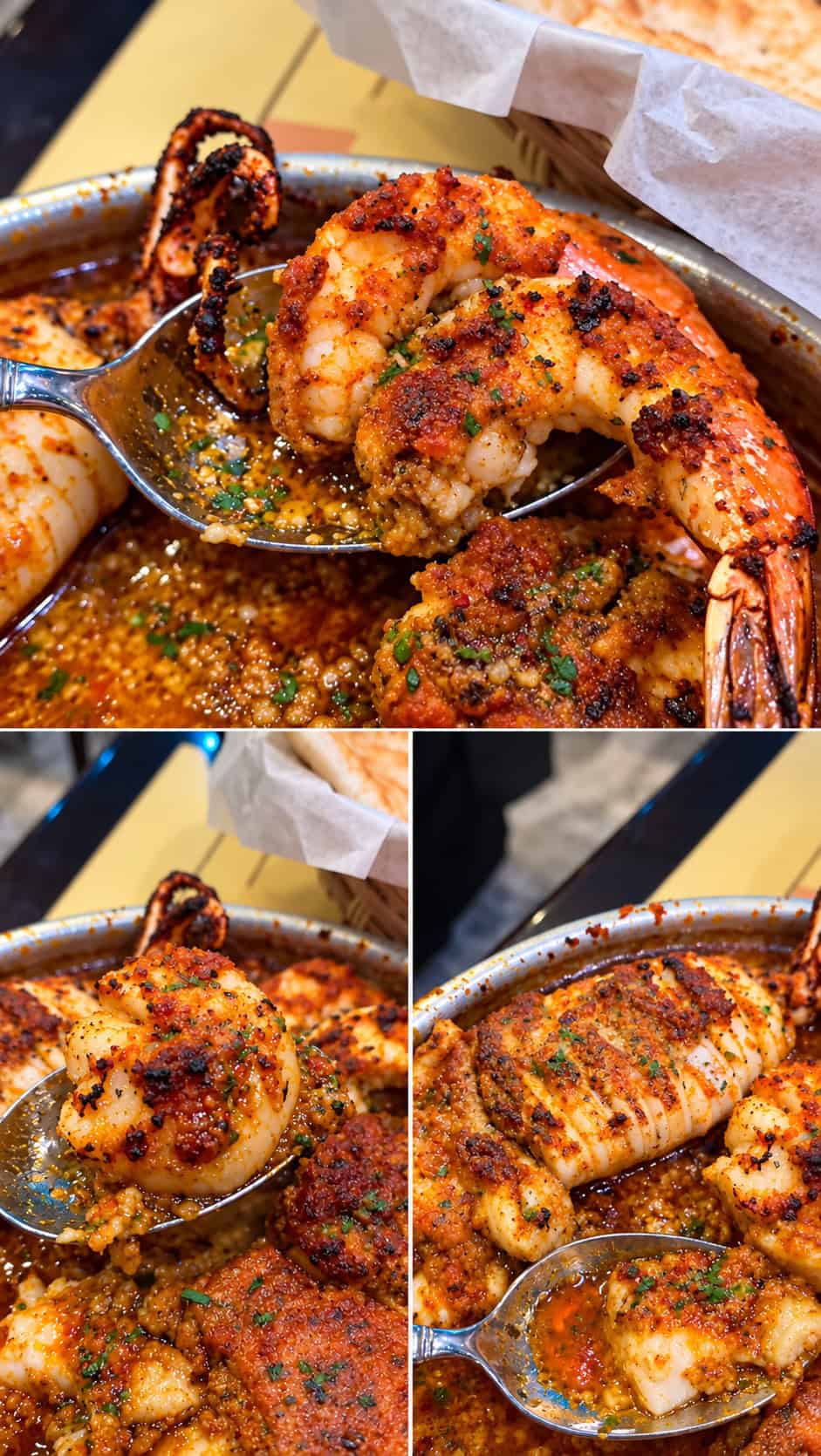 Close up collage showing jumbo grilled shrimp scallops and tender squid in garlic spice sauce