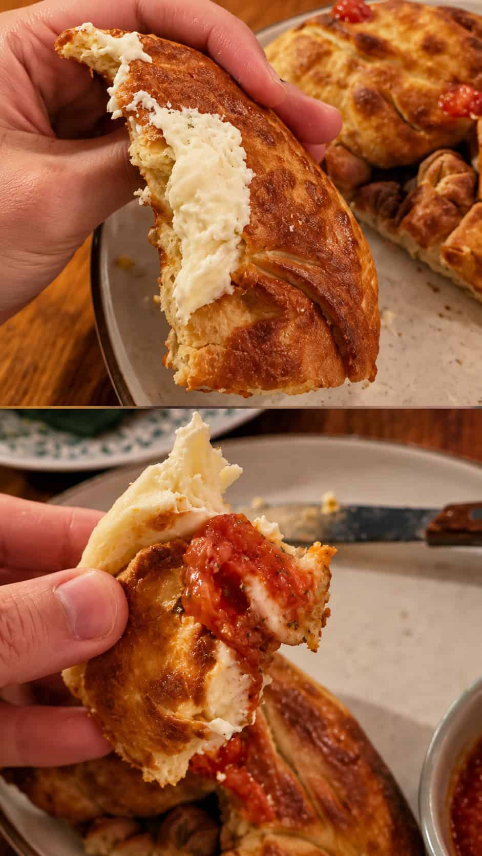 Hand holding a broken piece of Skopelitiki cheese pie showing flaky dough, creamy goat cheese, and pepper jam